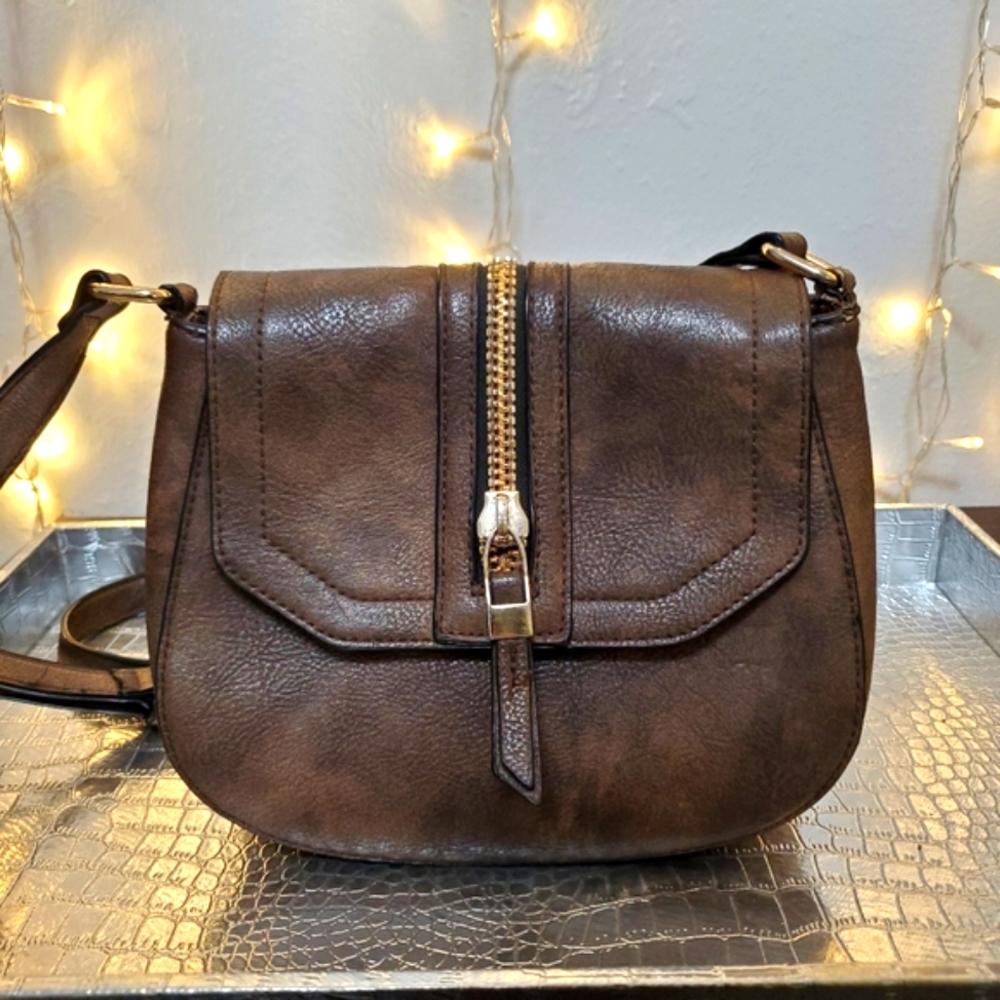 Brown Faux Leather Adjustable Crossbody Bag